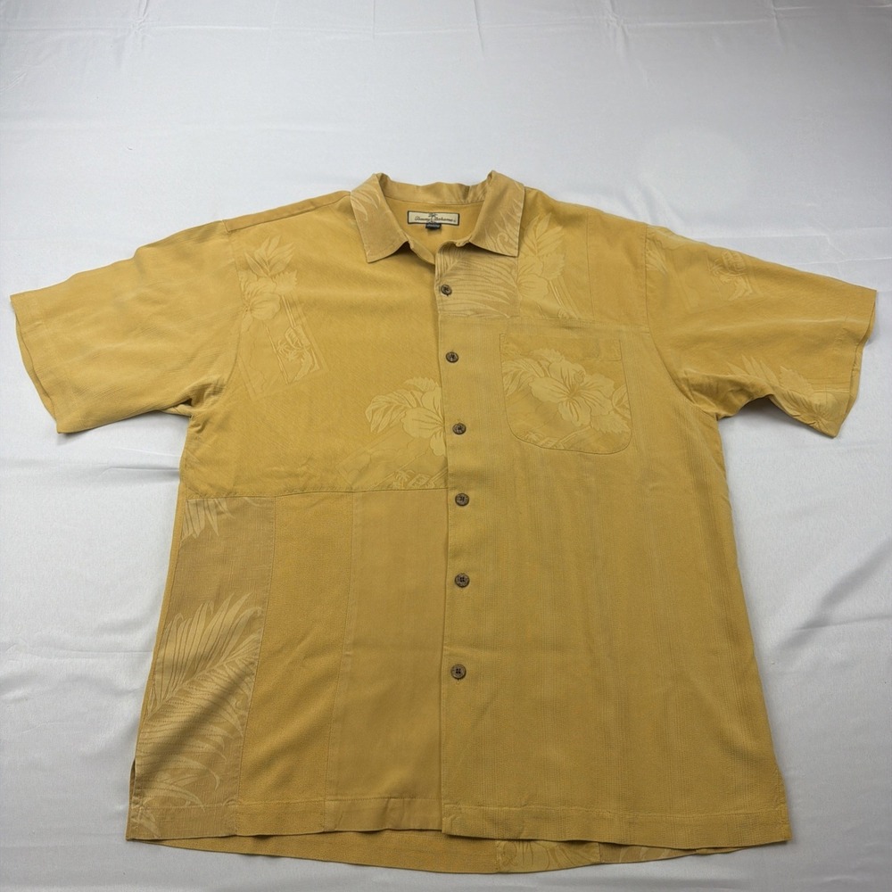 Tommy Bahama Short Sleeve Shirt Mens Mustard 100% Silk LARGE